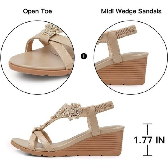 Womens Wedge Sandals Open Toe Platform Floral Rhinestone Dress Shoes Summer - Picture 5 of 7